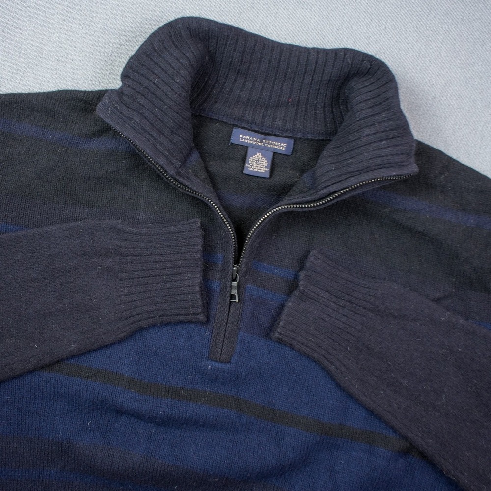 Banana Republic Lambswool Cashmere Striped Quarter Zip Sweater Mens XL Navy Blue